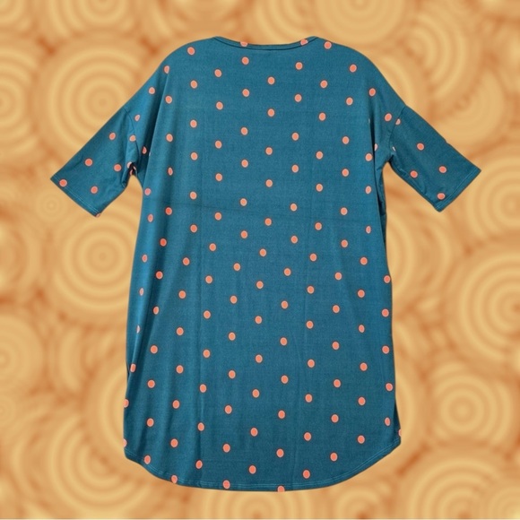 LuLaRoe Irma Stretch Tee Size XXS Dark Teal Green Orange Polka Dots Oversize Top - Picture 7 of 7
